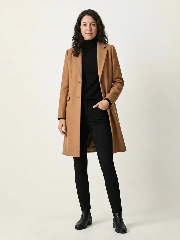 The same product shot with your photo in place, wearing the same camel overcoat