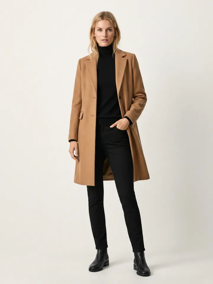 A clothing product page with the store's own model wearing a camel overcoat